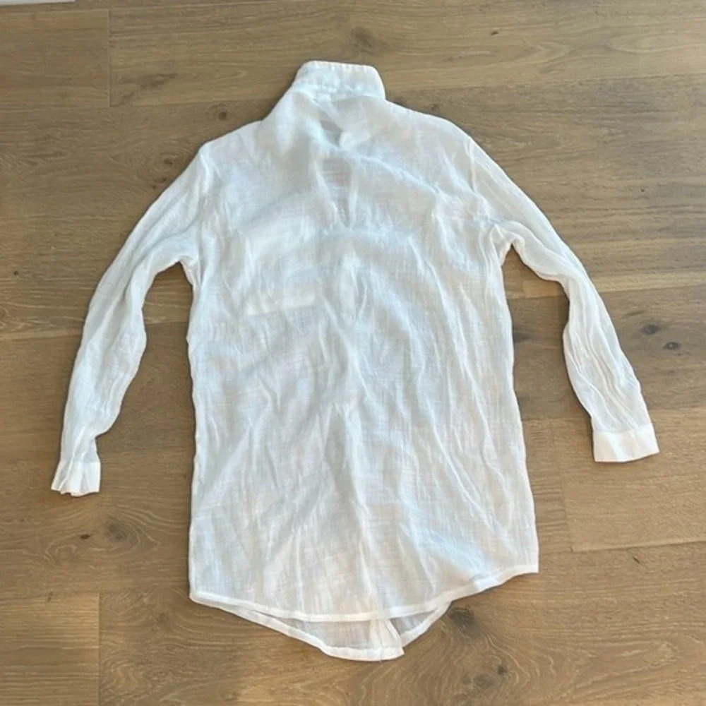Women’s White Long Sleeve Shirt Beach Cover Up Sheer Gauzy Button Up Blouse Top - Picture 6 of 8